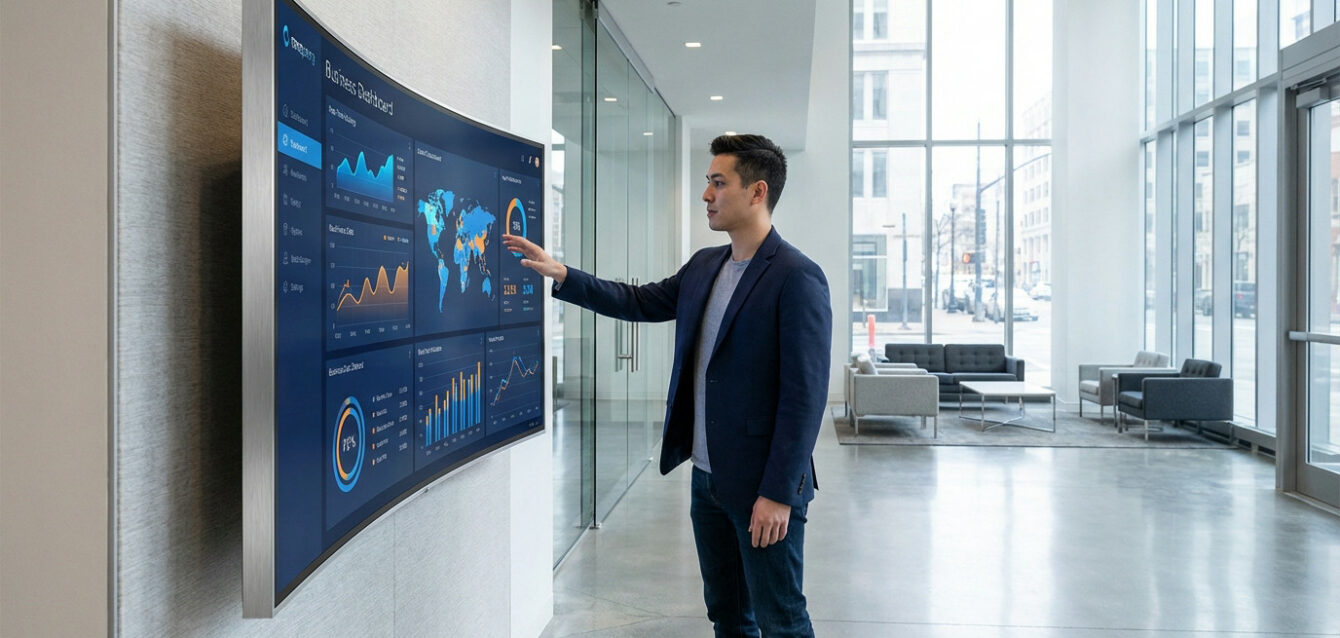 A man in a blazer points at a large, curved digital display showing a business dashboard in a modern, bright corporate lobby.