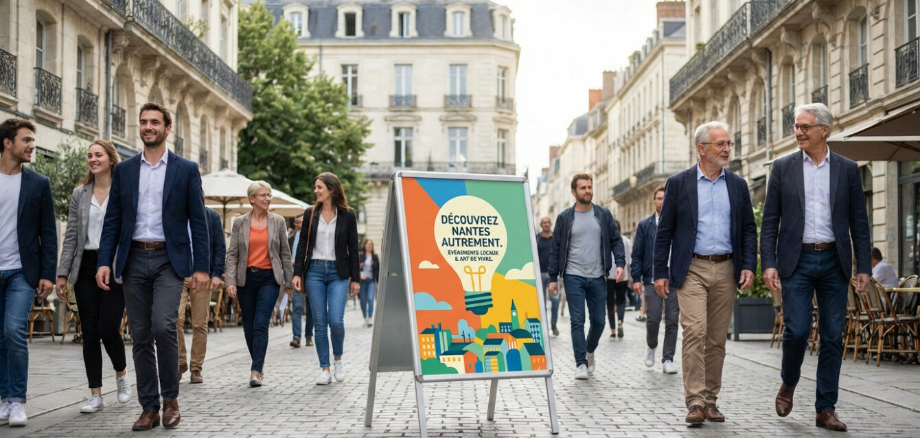 Vue grand-angle d'une rue piétonne animée à Nantes. Un stop trottoir moderne et coloré est au centre, entouré de passants et d'architecture française.