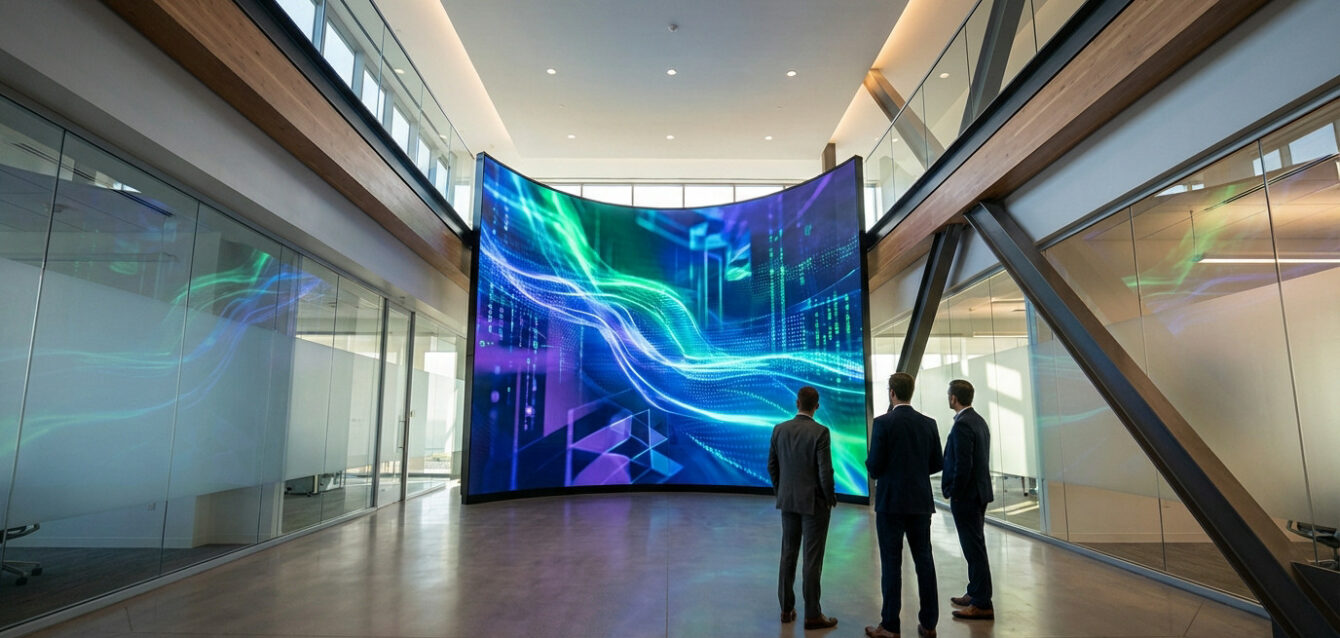 Wide shot of three men viewing a vibrant, curved LED wall with blue, green, purple abstract graphics in a sleek corporate lobby.
