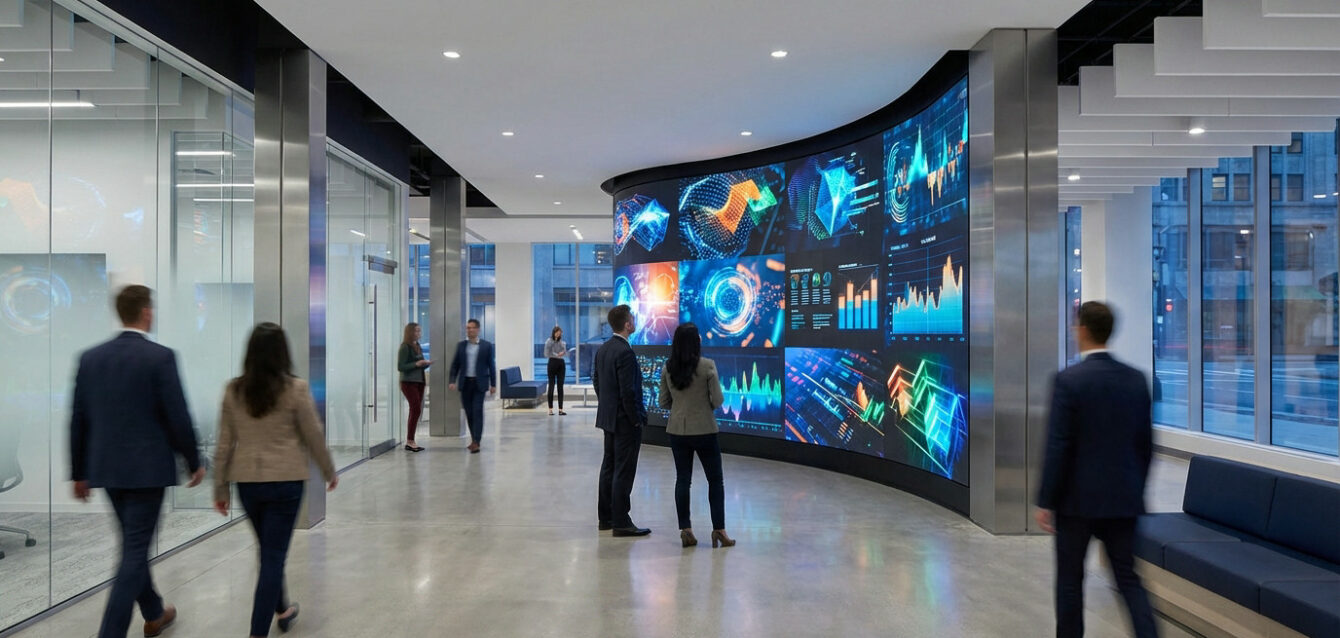 Sleek, modern office interior with a curved wall of vibrant, large-format digital displays showing colorful business graphics. Professionals observe.
