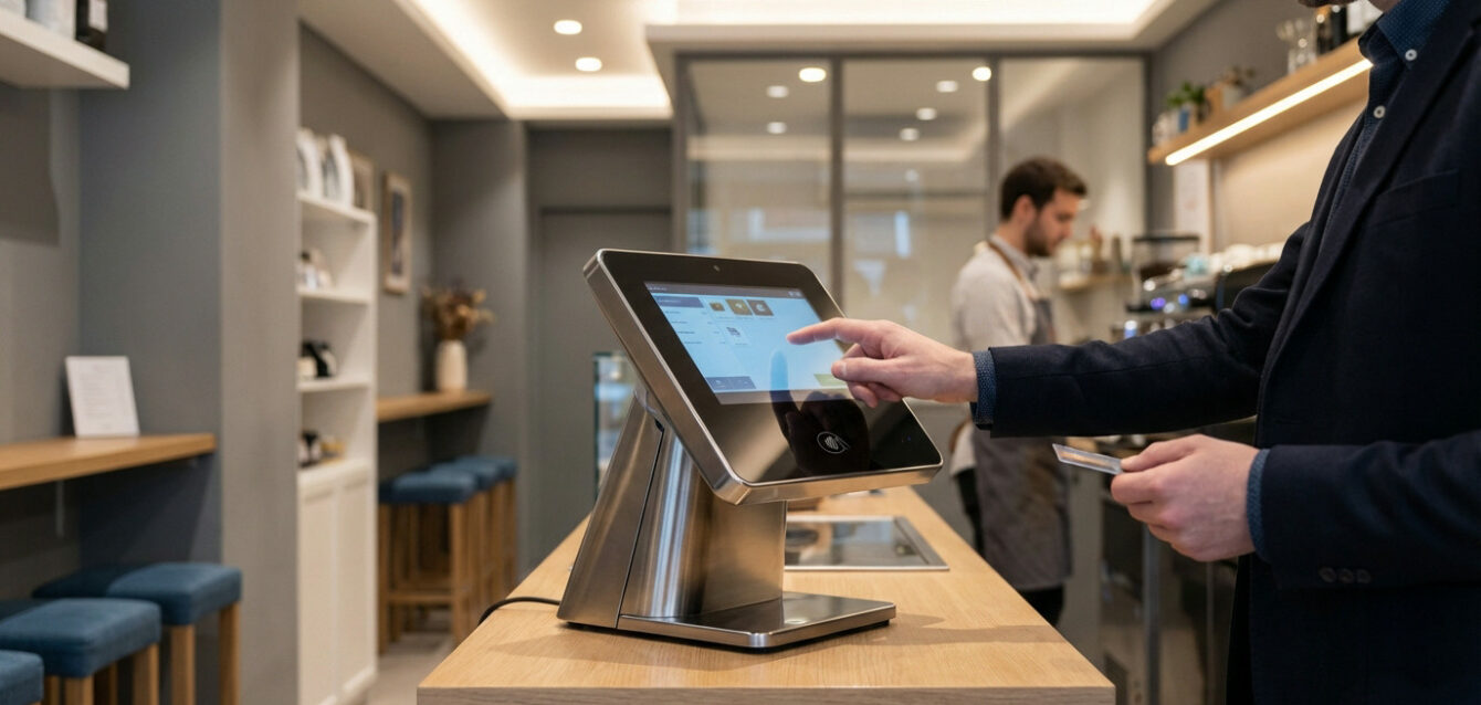 Main touchant un terminal de paiement moderne sur comptoir en bois clair. Un employé est visible en arrière-plan flou, dans un cadre moderne et lumineux.
