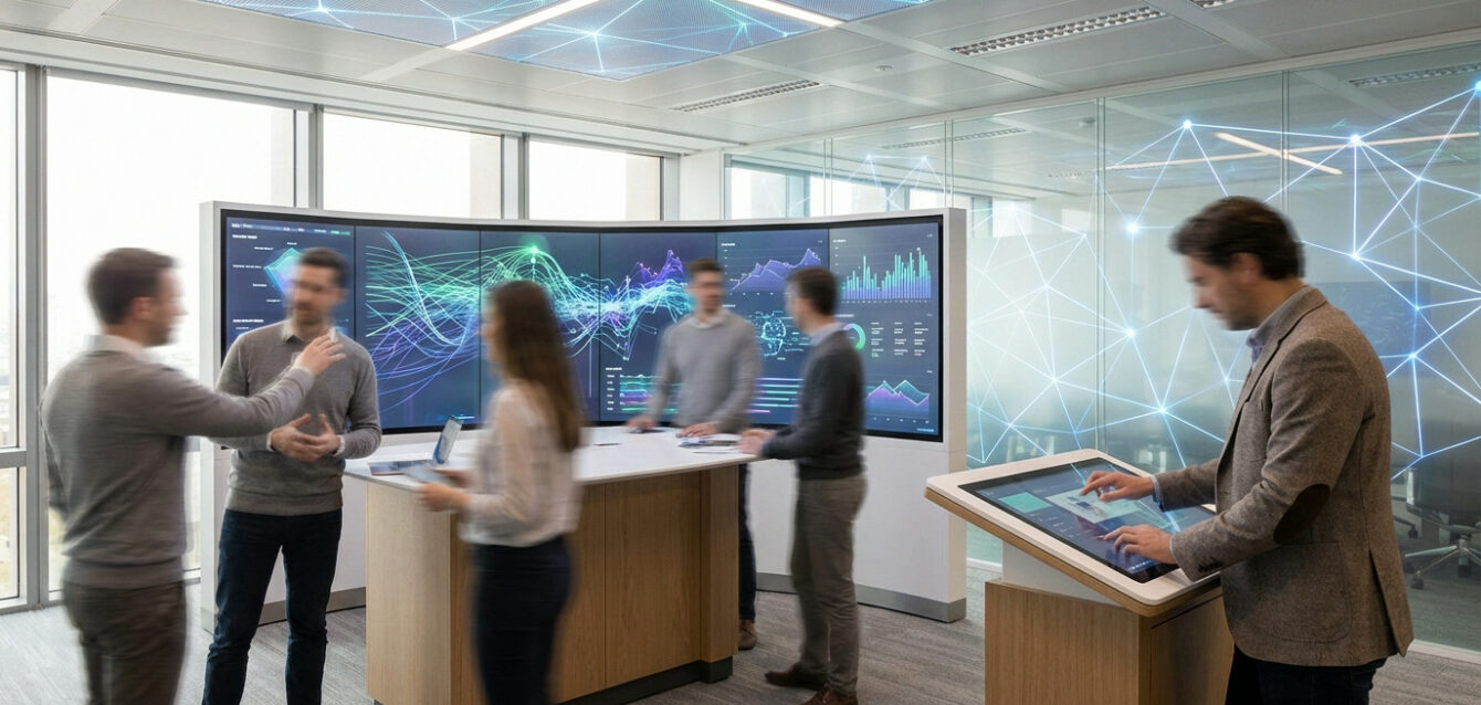 Professionals in a modern office interact with large curved screens showing data visualizations and an interactive tablet, amidst glowing network patterns.