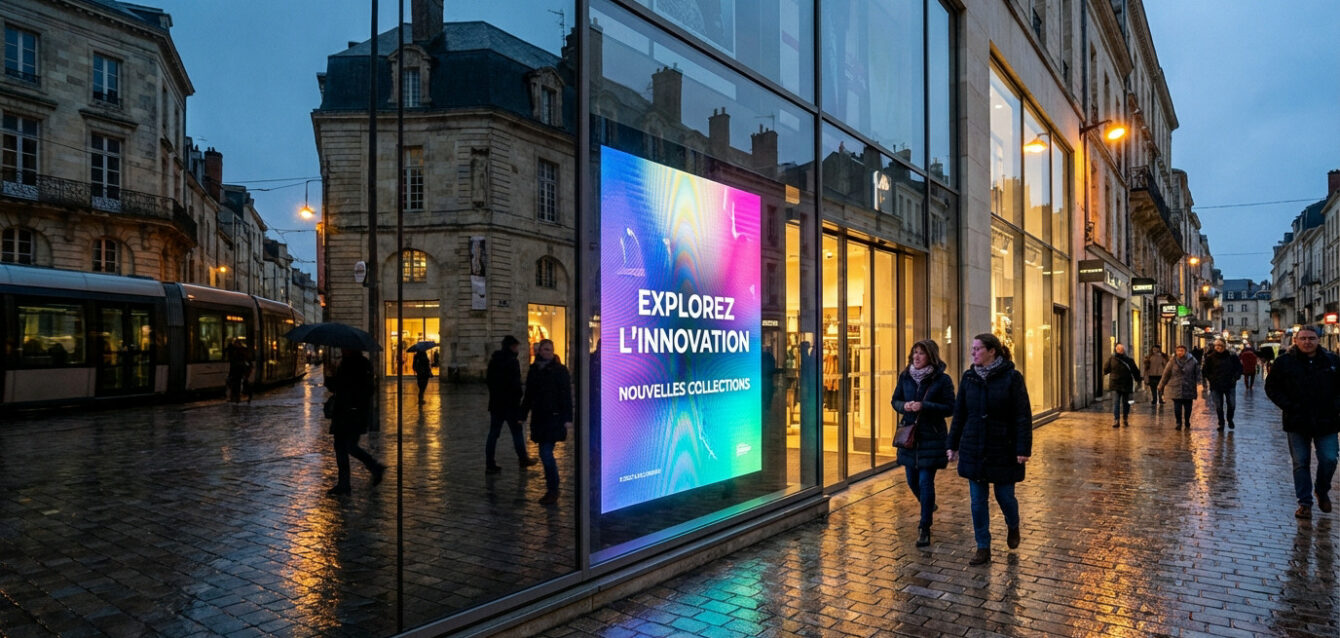 A vibrant digital display in a shop window on a wet European street at dusk. Pedestrians walk by, city lights reflect on the glass.