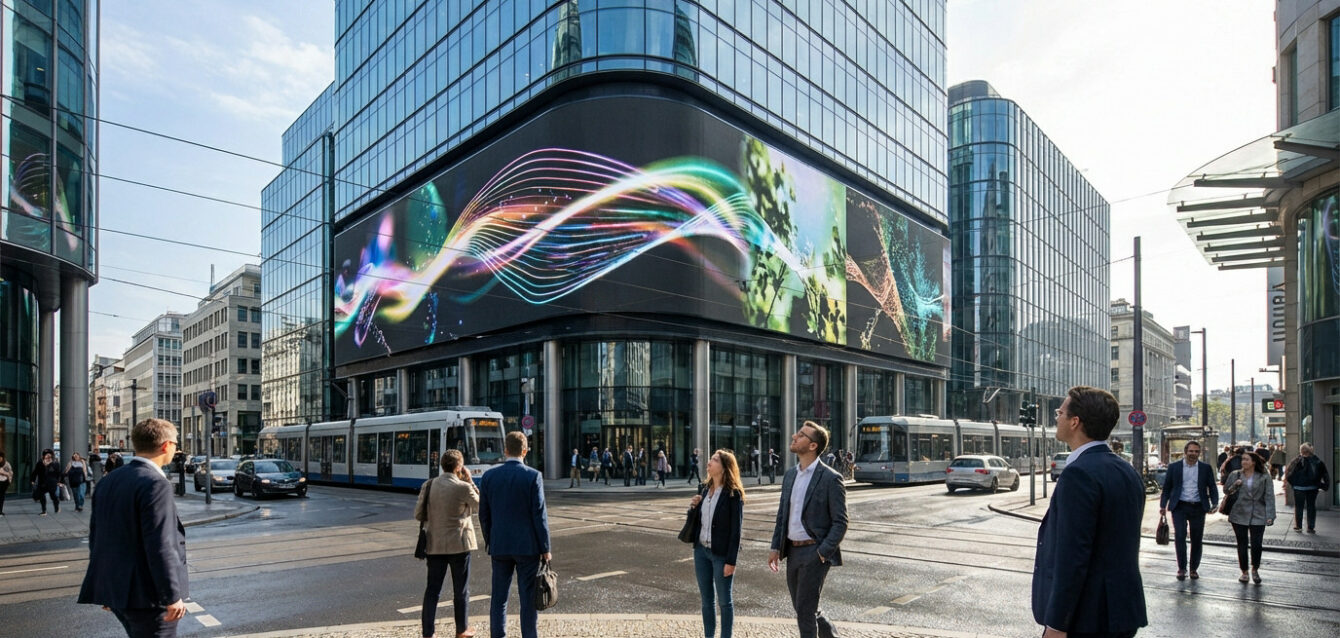 Vibrant City Screen on Modern Building Wide-angle shot of a modern building with a large, vibrant digital screen displaying colorful abstract content. Pedestrians walk by, some looking at the engaging display.