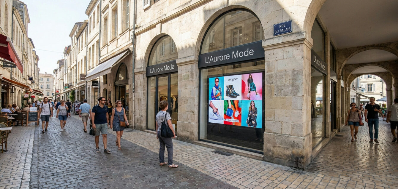 Vibrant digital display with colorful fashion ads on a boutique in a bustling La Rochelle commercial street. Historic stone buildings line the path.