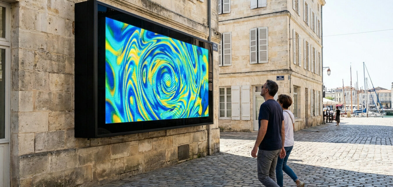 A bright digital screen displaying abstract blue and yellow swirls on a stone building in La Rochelle, with people observing and a port in background.