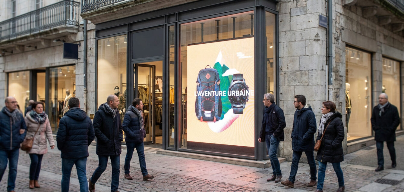 Façade de magasin moderne avec un grand écran LED lumineux diffusant une publicité. Des passants observent l'affichage en ville.