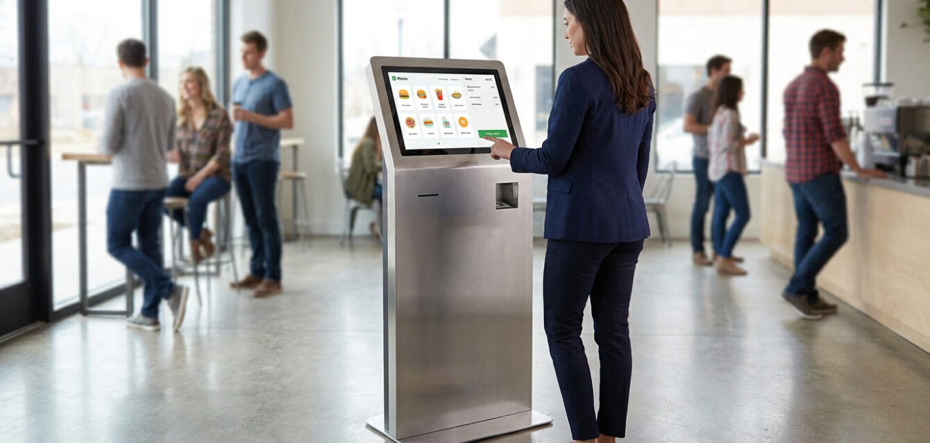 Une femme utilise une borne de commande tactile en inox dans un restaurant moderne et lumineux. D'autres clients sont en arrière-plan.