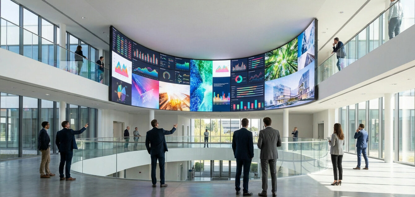 Curved LED Wall Transforms Modern Poitiers Commercial Space Immersive curved LED wall displaying vibrant data and imagery in a bright, modern Poitiers commercial space with professionals.