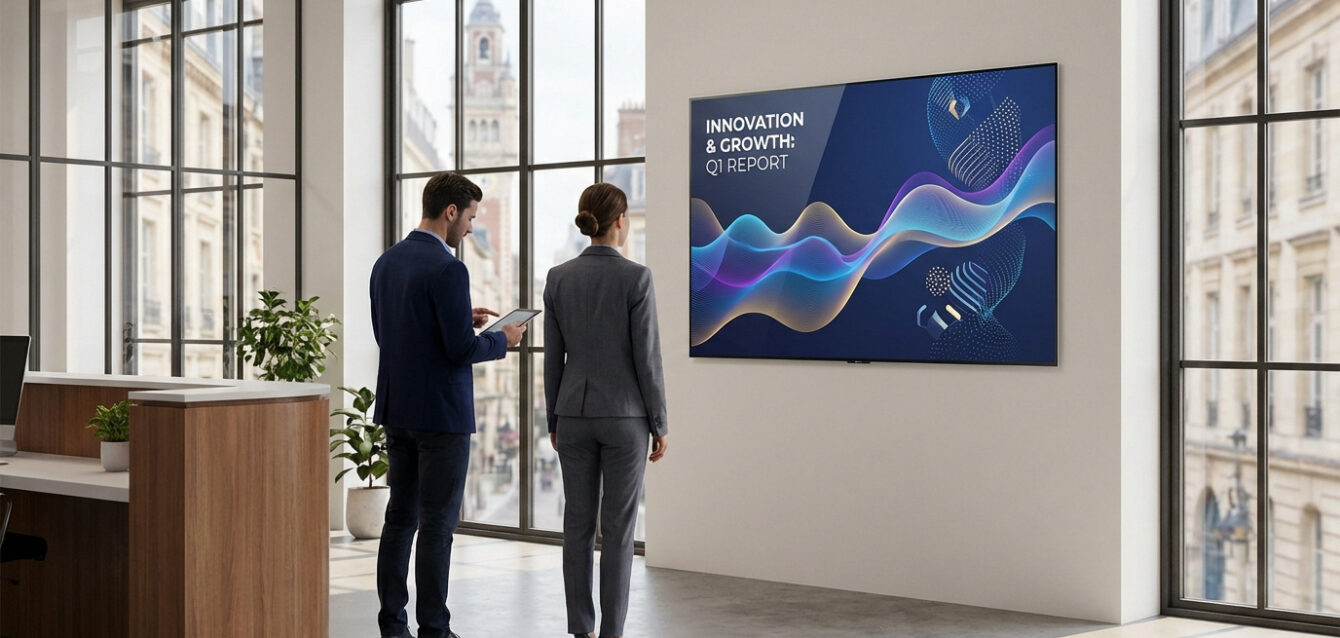 Deux professionnels regardent un grand écran mural Videri affichant un rapport d'innovation dans un bureau lumineux.
