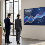 Deux professionnels regardent un grand écran mural Videri affichant un rapport d'innovation dans un bureau lumineux.