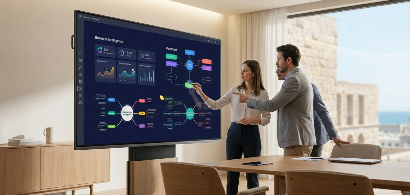 Interactive Collaboration in a Modern Meeting Room Three professionals collaborate on a large interactive screen displaying business data in a modern meeting room with a city view.