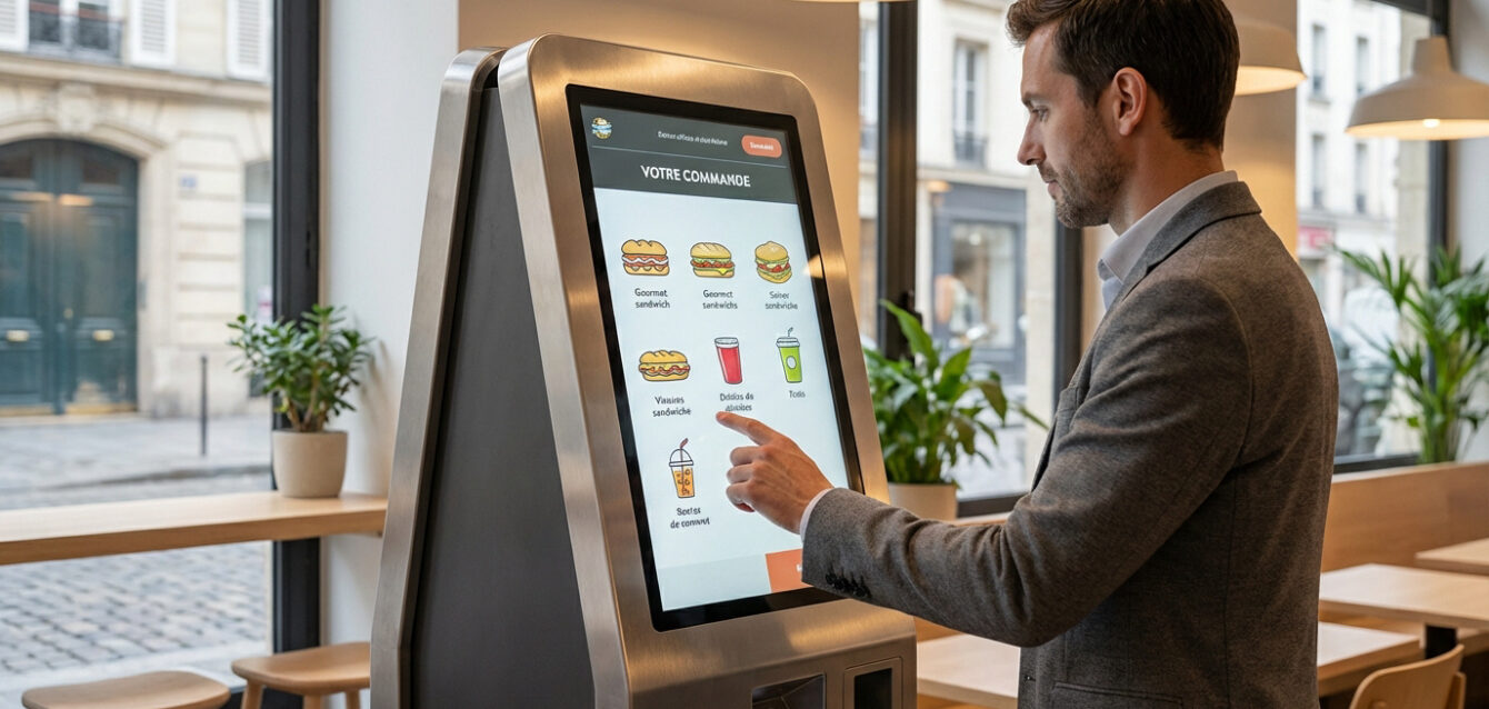 Optimisez votre service avec une borne de commande moderne Un homme passe commande sur une borne tactile lumineuse affichant des options de repas, dans un restaurant moderne avec vue sur la rue.