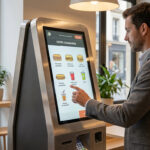 Un homme passe commande sur une borne tactile lumineuse affichant des options de repas, dans un restaurant moderne avec vue sur la rue.