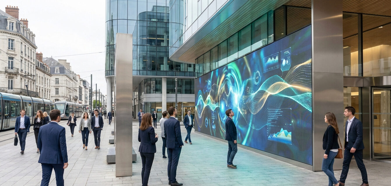 Grand écran numérique vibrant affichant des données abstraites dans une rue urbaine animée. Des passants en costume regardent l'écran ou marchent.