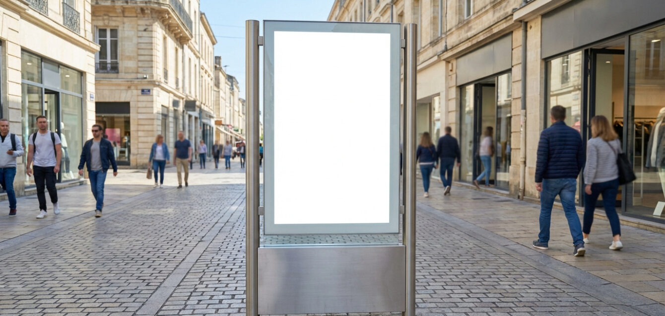Un stop trottoir digital vide au cœur d'une rue commerçante animée, entouré d'architecture classique et de passants.