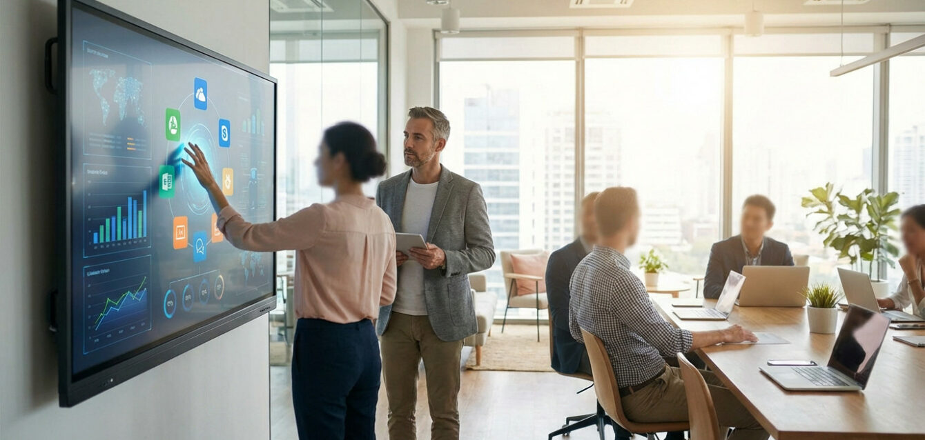 Modern Collaboration with Interactive Screen A woman interacts with a large digital screen showing business data and apps, observed by a man with a tablet in a modern office.