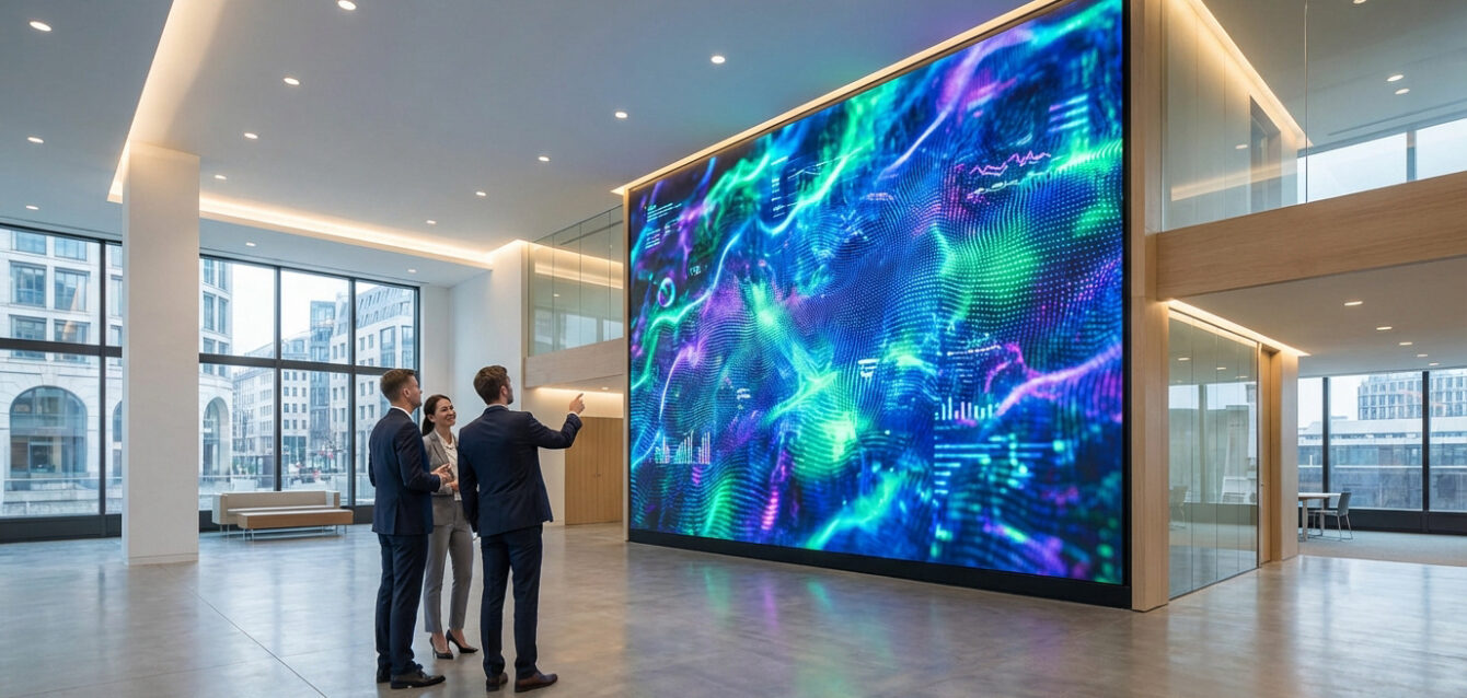 Trois professionnels regardent un immense mur LED affichant des graphiques numériques colorés dans un hall d'entreprise moderne.