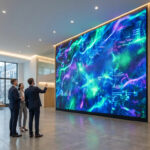 Trois professionnels regardent un immense mur LED affichant des graphiques numériques colorés dans un hall d'entreprise moderne.