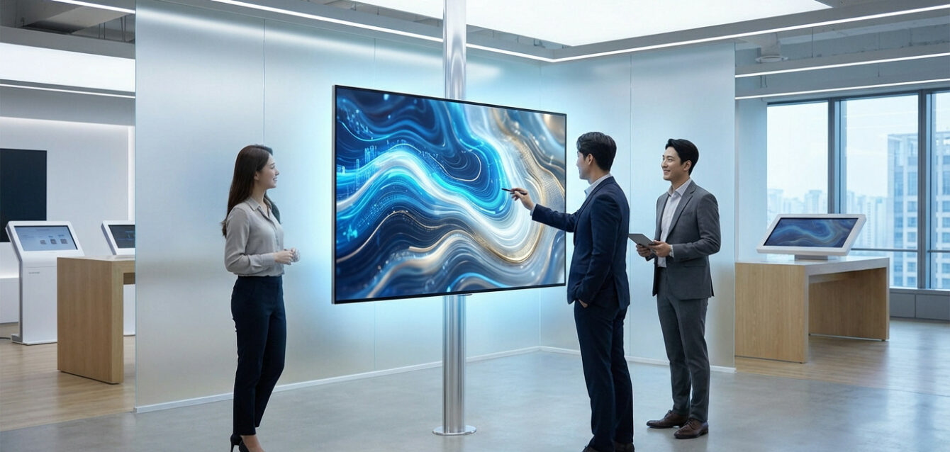 Next-Gen Interactive Display Three professionals engaging with a large, vibrant digital display showing abstract blue waves in a modern, bright tech showroom.