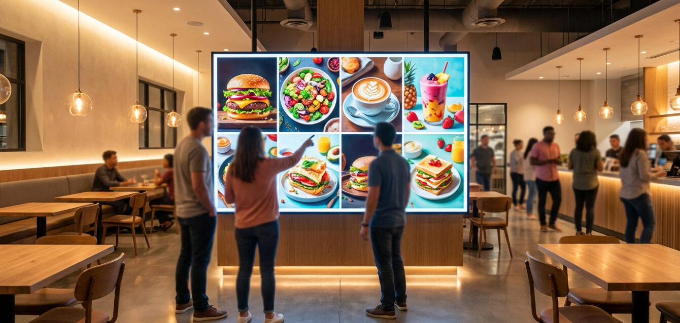 Menu digital : l'expérience client modernisée Deux clients devant un grand écran de menu digital affichant des plats variés (burger, salade, café) dans un restaurant moderne et lumineux.