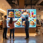 Deux clients devant un grand écran de menu digital affichant des plats variés (burger, salade, café) dans un restaurant moderne et lumineux.