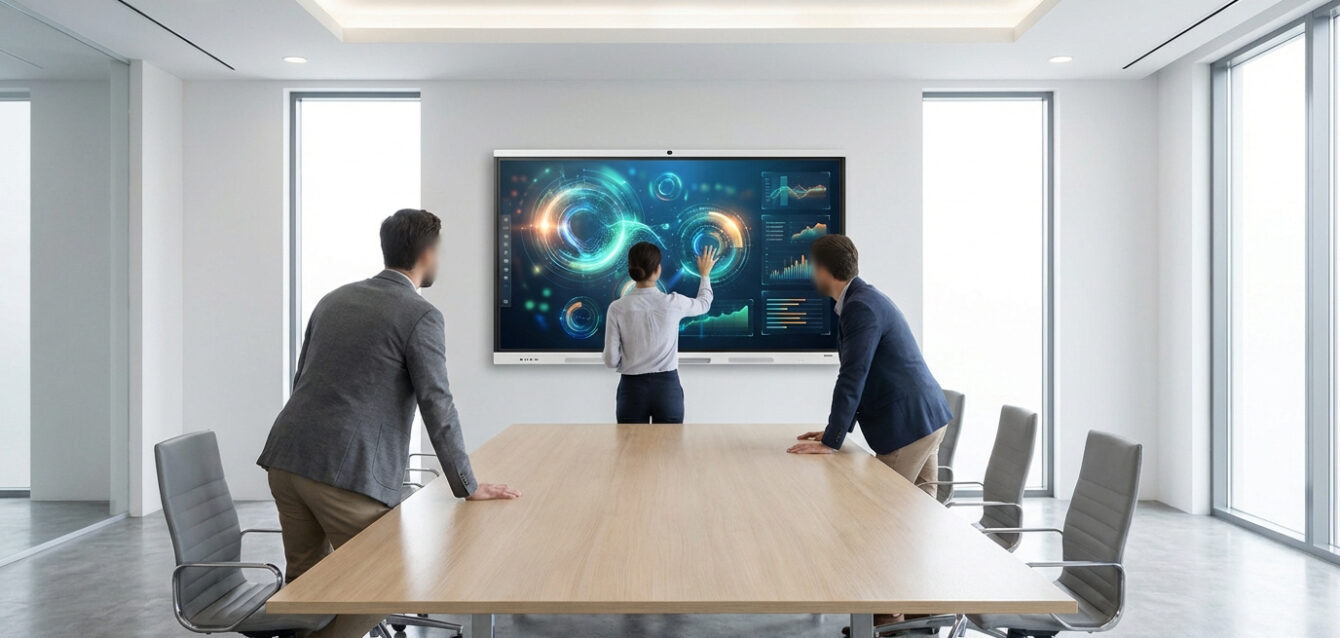 Écran interactif HOYÈS : Réunion et collaboration moderne Femme interagit avec un grand écran tactile affichant des graphiques lors d'une réunion. Deux collègues observent dans une salle moderne.