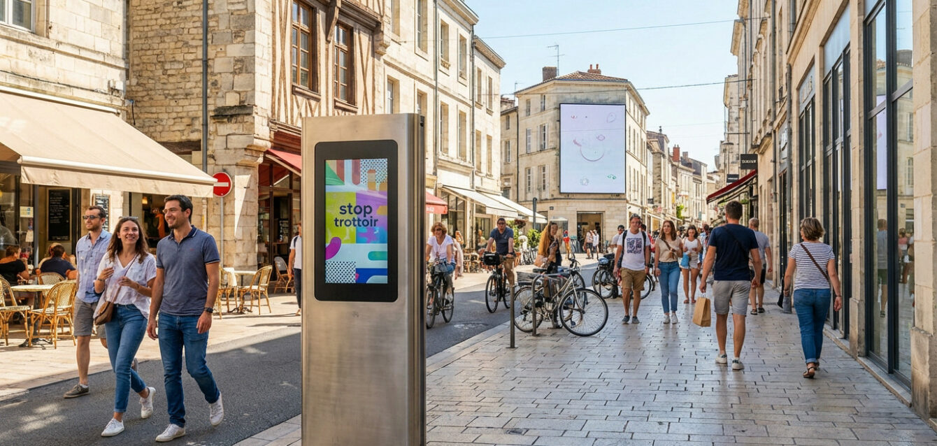 Street Life & Digital Engagement in La Rochelle Vibrant La Rochelle street with a prominent "stop trottoir" digital sign. People walk past historic buildings and modern shops under bright daylight.