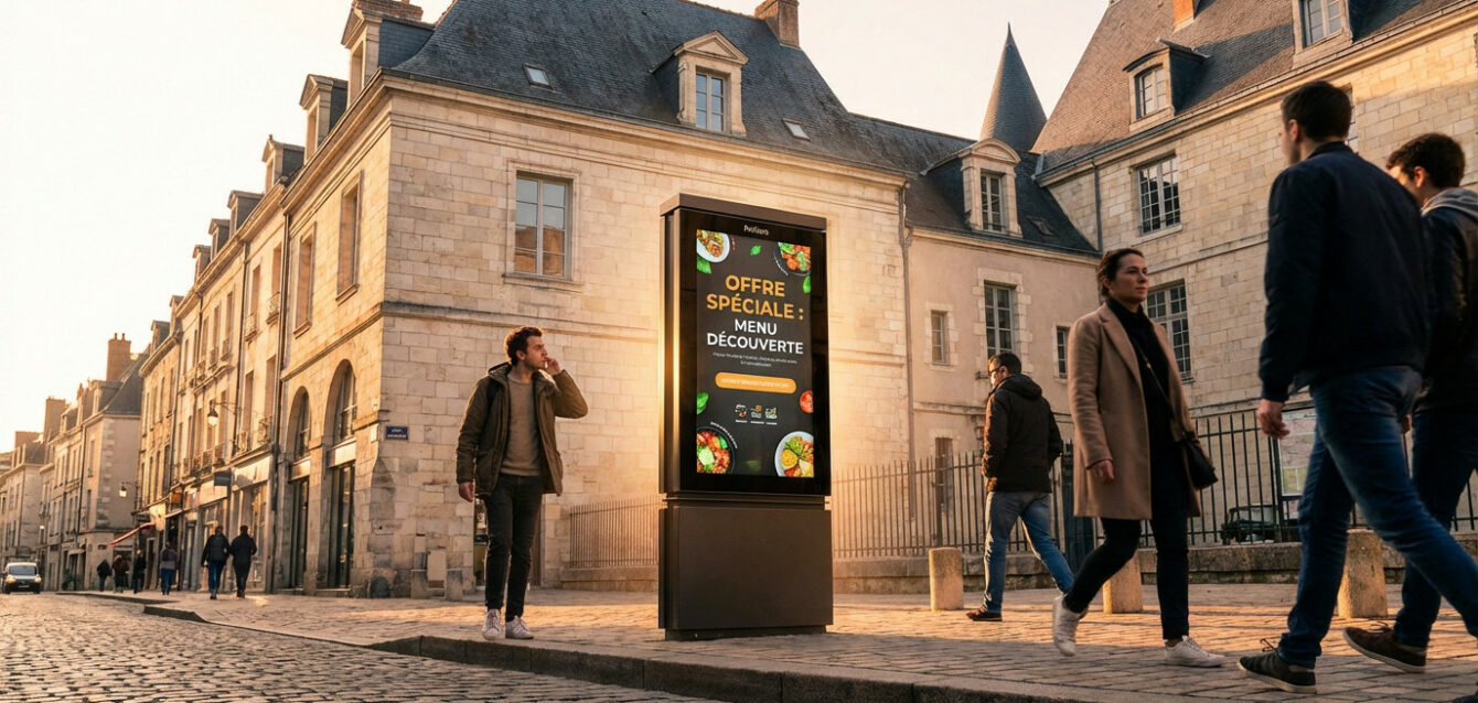 Urban Blend: Poitiers Digital Screen at Golden Hour Golden hour in Poitiers: A modern digital display on a cobblestone street shows a special offer, with historical buildings and passersby.