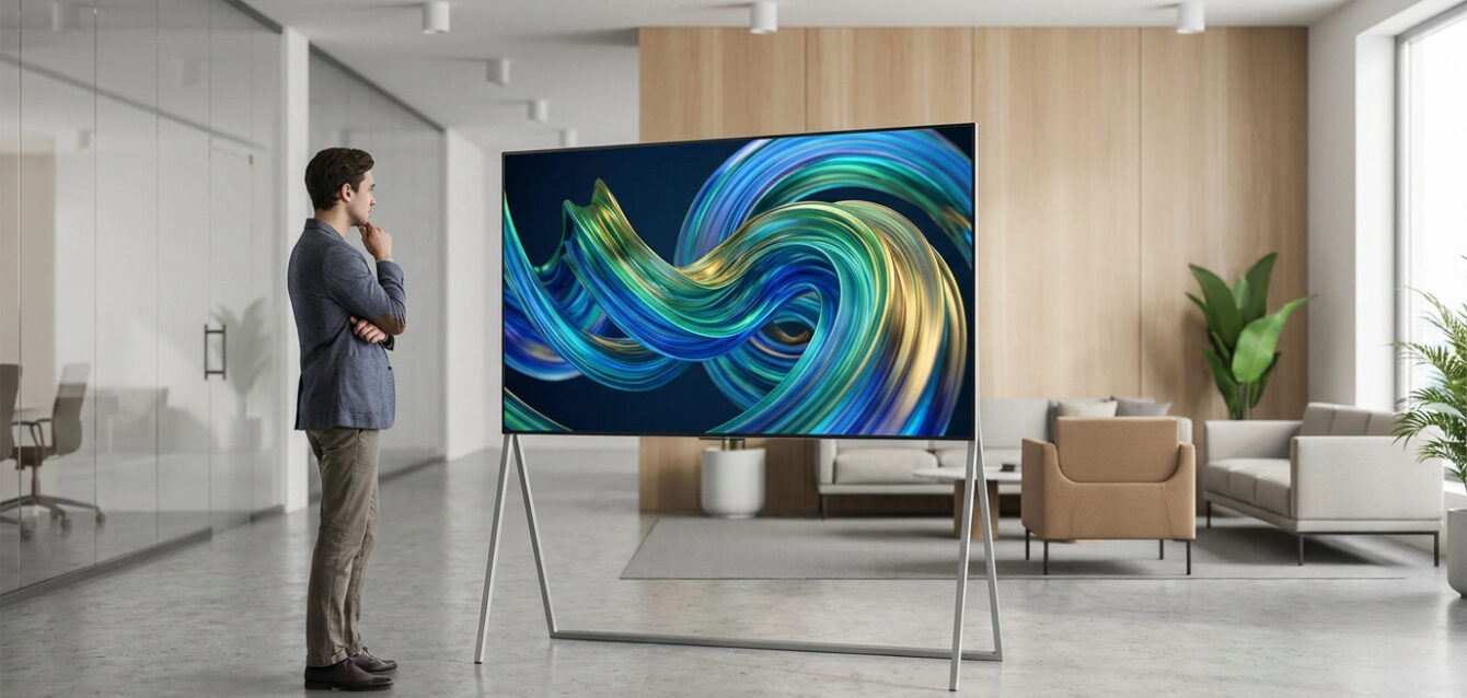 Découvrez l'écran Videri pour vos espaces professionnels Un homme observe un grand écran Videri sur pied dans un bureau moderne et lumineux. L'écran affiche une image abstraite colorée.