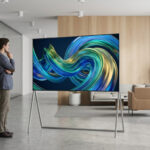 Un homme observe un grand écran Videri sur pied dans un bureau moderne et lumineux. L'écran affiche une image abstraite colorée.