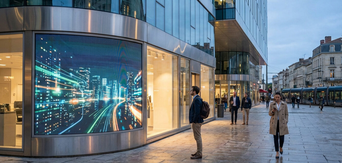 Affichage dynamique LED et ambiance urbaine moderne Grand écran LED incurvé diffusant un paysage urbain lumineux. Piétons, dont un homme observant l'écran, et tramway en ville.