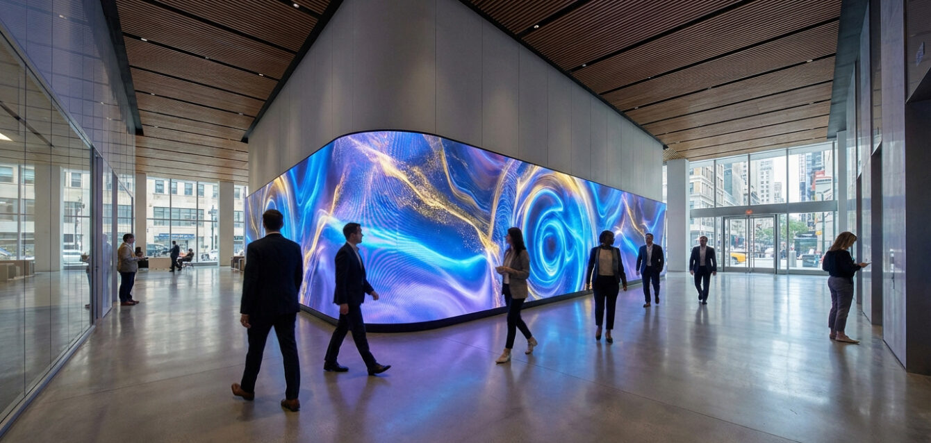 Mur LED spectaculaire dans un hall d'entreprise moderne Grand mur LED incurvé diffusant des motifs abstraits bleus et jaunes dans un hall d'entreprise moderne avec des passants.