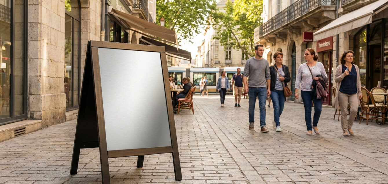 Stop trottoir vide sur rue piétonne animée Panneau stop trottoir vierge en bois et métal, situé sur une rue pavée animée de Pau avec des passants et des commerces en arrière-plan.