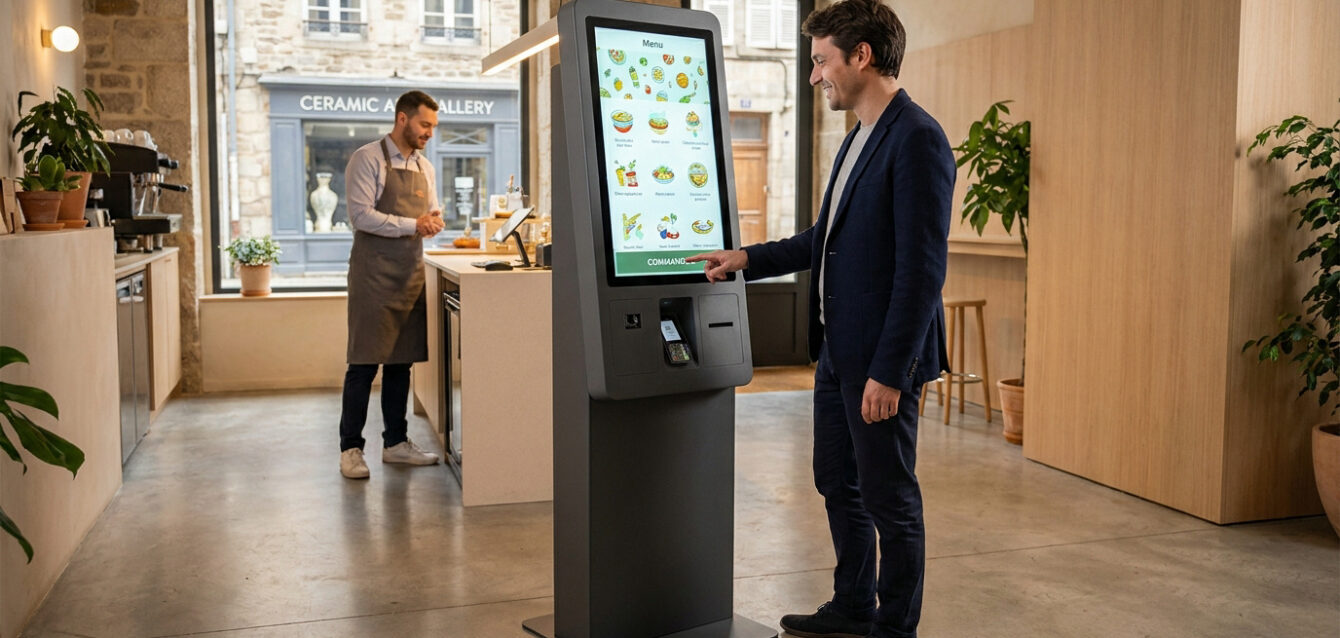 Commande rapide : borne interactive en commerce moderne Client souriant commande sur une borne tactile affichant un menu, dans un restaurant moderne. Un serveur prépare en arrière-plan.