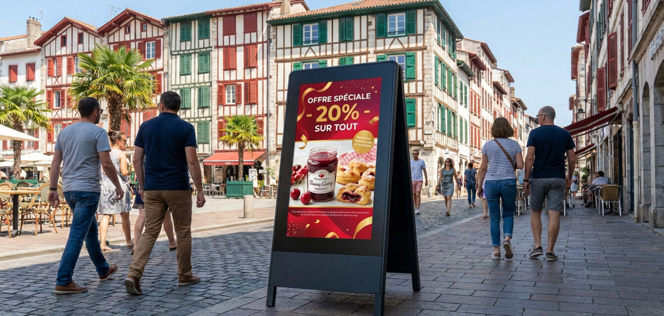 Stop trottoir numérique promotionnel dans Bayonne Stop trottoir numérique noir affiche promotionnelle dans une rue animée de Bayonne, avec des passants et bâtiments basques colorés.