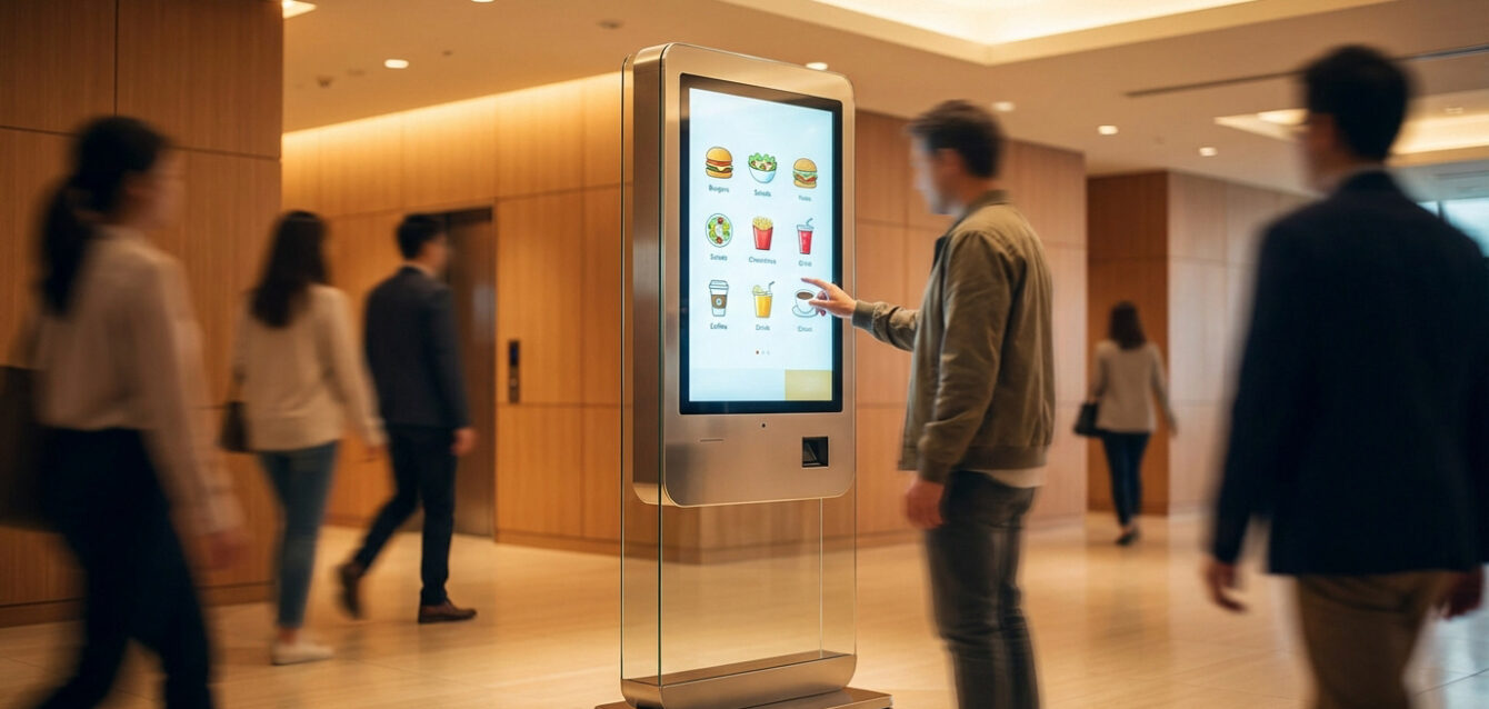 Borne de commande interactive en libre-service Un homme sélectionne un article sur une borne de commande tactile présentant des icônes de nourriture et boisson, dans un environnement public moderne animé.
