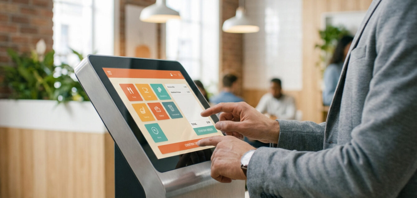 Borne de commande interactive pour Bayonne 2026 Mains d'une personne utilisant une borne de commande tactile dans un cadre moderne pour sélectionner des articles et confirmer une commande.