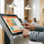 Mains d'une personne utilisant une borne de commande tactile dans un cadre moderne pour sélectionner des articles et confirmer une commande.