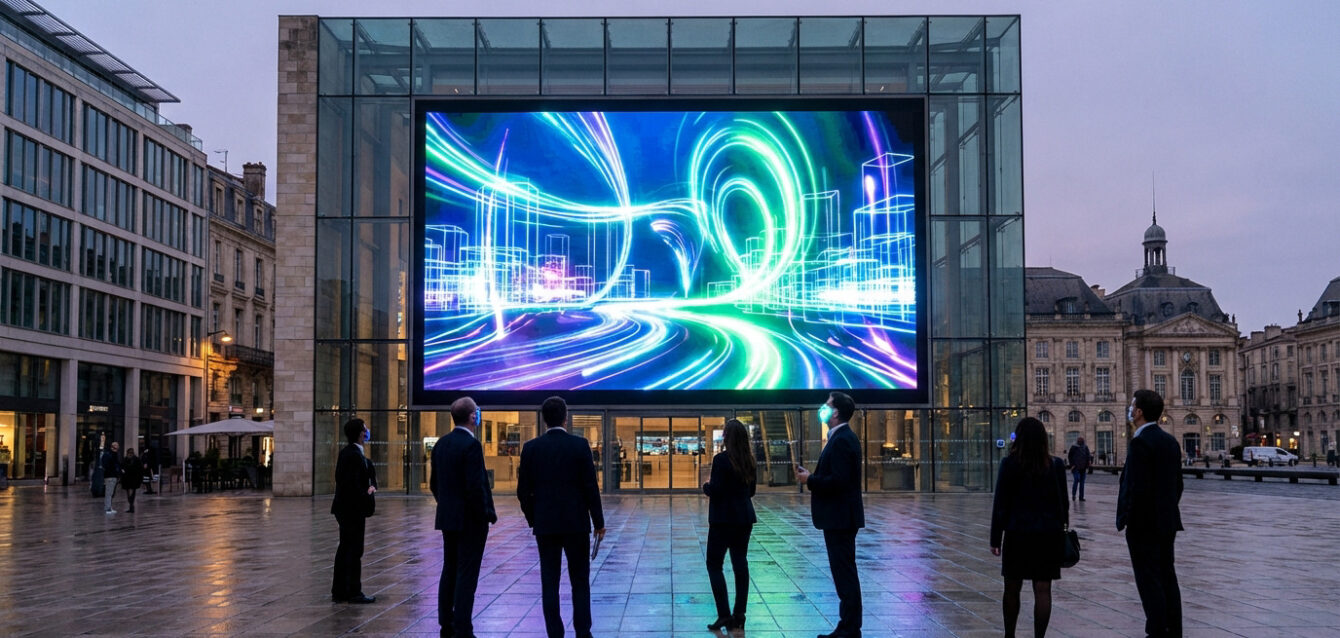 Grand écran LED extérieur à Bordeaux affichant des graphiques urbains abstraits et lumineux. Des passants l'observent.