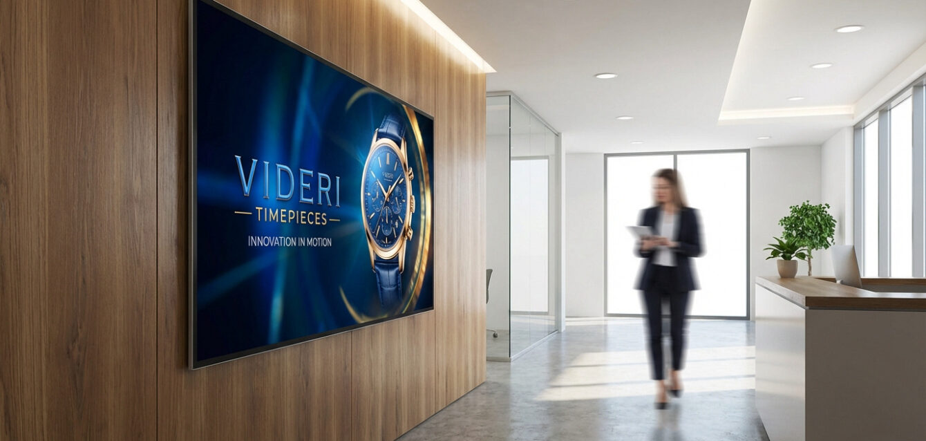 Communication digitale Videri en environnement professionnel Grand écran digital Videri sur mur en bois diffusant une publicité de montre, dans un hall d'accueil moderne avec personne.