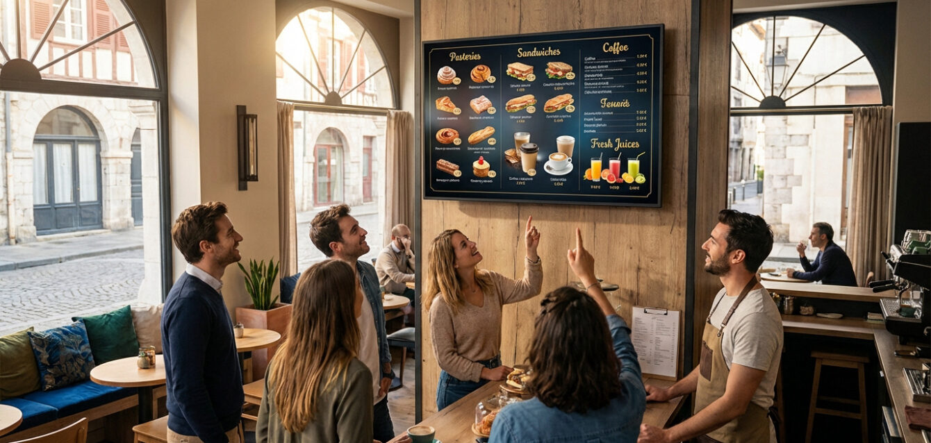 Clients interagissant avec un menu digital en café Clients et un barista dans un café moderne interagissent avec un grand écran de menu digital présentant pâtisseries, sandwichs et boissons.