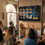 Clients et un barista dans un café moderne interagissent avec un grand écran de menu digital présentant pâtisseries, sandwichs et boissons.