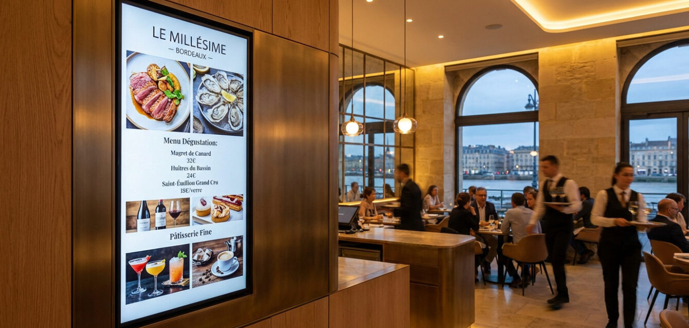 Un écran de menu digital lumineux affiche plats et boissons dans un restaurant chic de Bordeaux avec vue sur la Garonne.