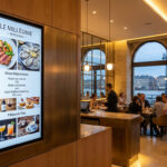 Un écran de menu digital lumineux affiche plats et boissons dans un restaurant chic de Bordeaux avec vue sur la Garonne.