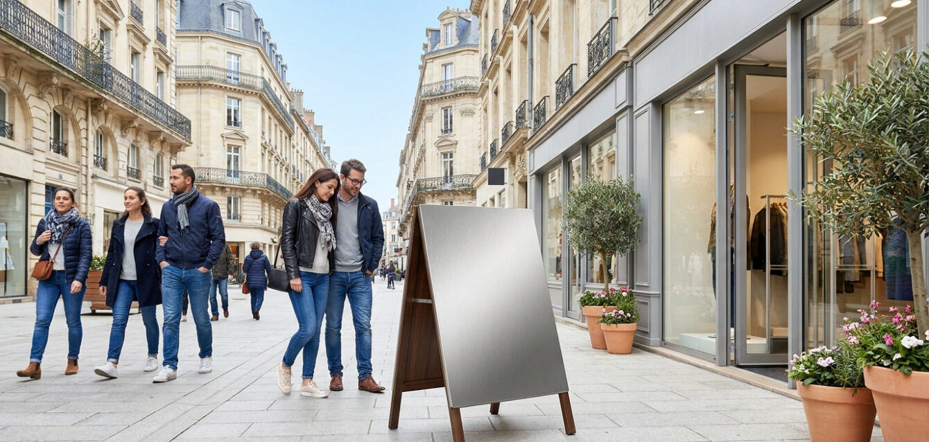 Stop trottoir moderne vierge sur un trottoir animé d'une rue commerçante française. Des passants et boutiques sont visibles.