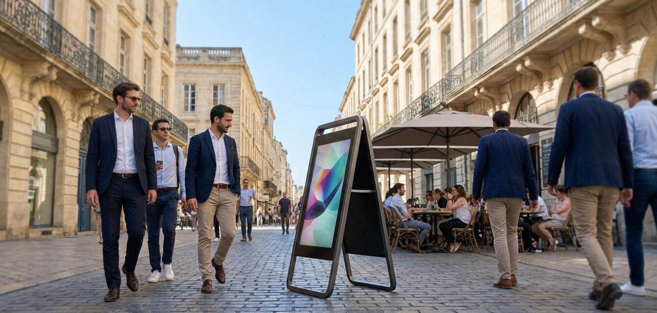 Un stop trottoir numérique moderne affiche une image colorée sur une rue pavée animée de Bordeaux, avec des passants et une terrasse de café.