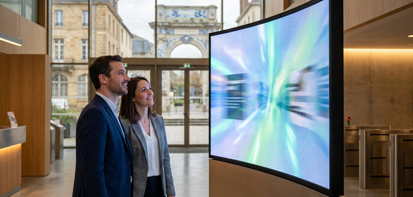 Affichage dynamique HOYÈS : Impact et Visibilité Deux professionnels regardent un grand écran LED incurvé diffusant des graphiques lumineux dans un hall moderne avec vue sur la ville.