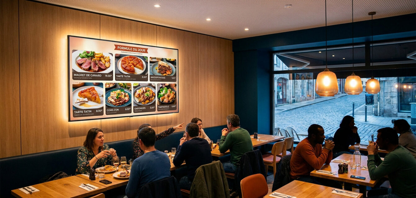Grand écran digital lumineux dans un restaurant moderne, affichant des plats avec prix, entouré de clients attablés.
