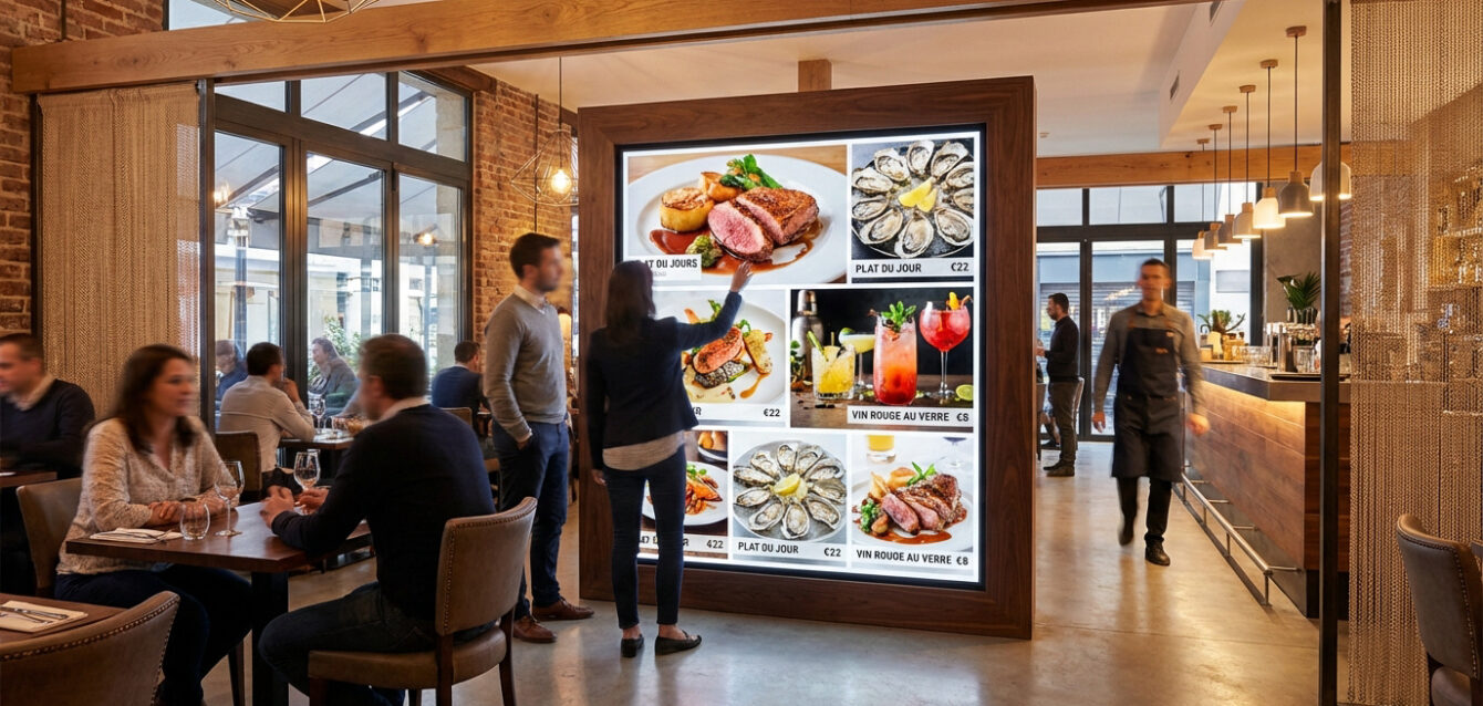Un couple devant un grand menu digital interactif affichant des plats appétissants et des boissons, dans un restaurant animé au design contemporain.